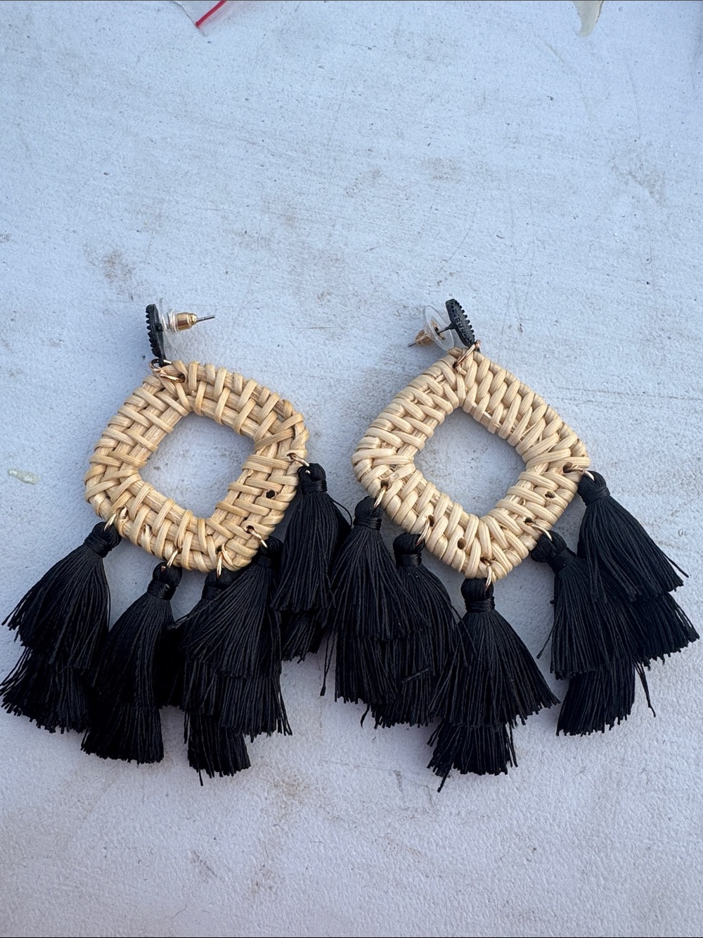 Bohemian Woven Square Drop Earrings with Black Tassels